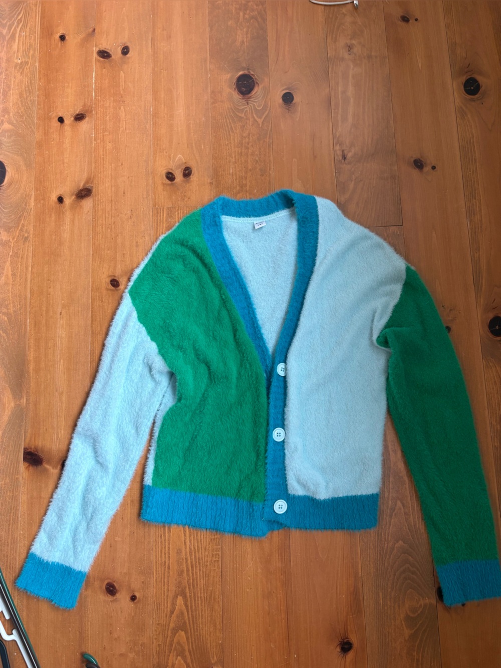 SIMONS - Blue and Green Colorblock Fuzzy Button-Up Cardigan - S